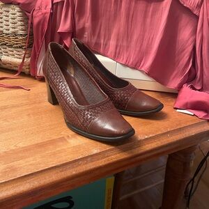 Sezane Brown Woven Leather Block Heel Pumps